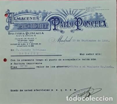 Commercial Letters: Carta comercial. Pablo Poncela. La Bohemia. Bisuter&iacute;a-Quincalla. Madrid 1935