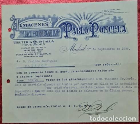 Commercial Letters: Carta comercial. Pablo Poncela. La Bohemia. Bisuter&iacute;a-Quincalla. Madrid 1935