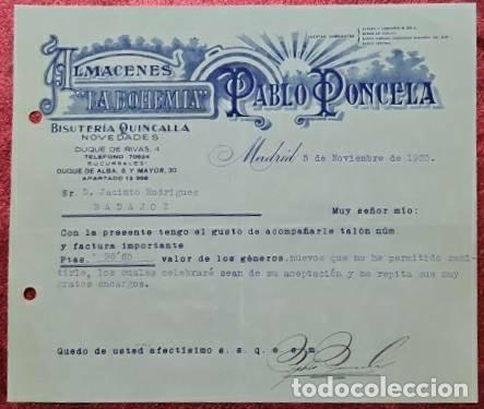 Commercial Letters: Carta comercial. Pablo Poncela. La Bohemia. Bisuter&iacute;a-Quincalla. Madrid 1935
