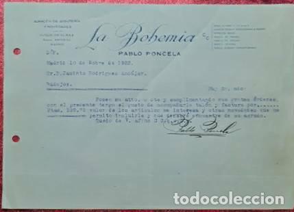 Cartas comerciais: Carta comercial. Pablo Poncela. La Bohemia. Bisuter&iacute;a-Quincalla. Madrid 1923