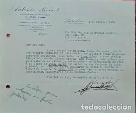 Cartas comerciais: Carta comercial. Antonio Ricart. Importaci&oacute;n art&iacute;culos Jap&oacute;n y China. Barcelona. Espa&ntilde;a 1936