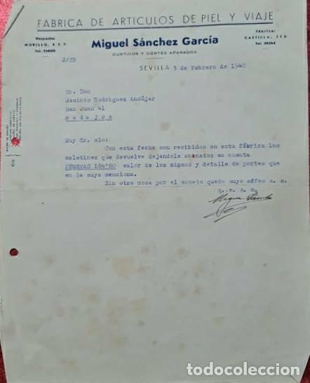 Cartas comerciais: Carta comercial. Miguel S&aacute;nchez Garc&iacute;a. F&aacute;brica de art&iacute;culos de piel y viaje. Sevilla. Espa&ntilde;a 1940