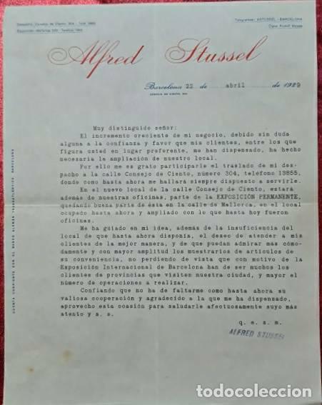 Cartas comerciais: Carta comercial. Alfred Stussel. Barcelona. Espa&ntilde;a 1929