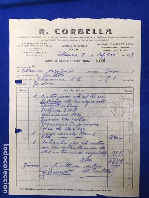 Cartas comerciais: Antigua Carta comercial R. Corbella : Maquinaria y material el&eacute;ctrico. Madrid A&ntilde;os 30