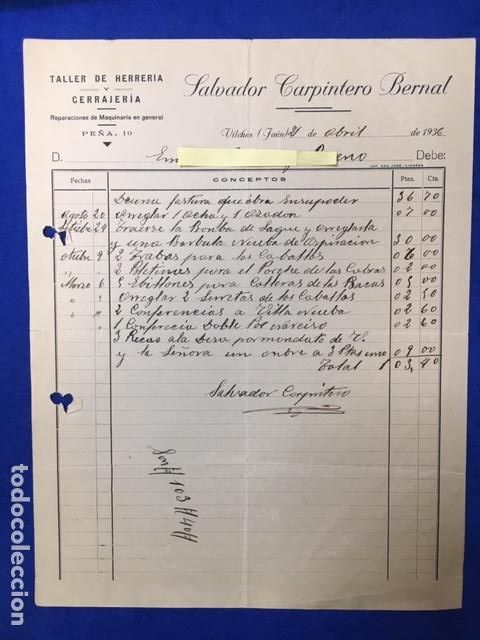 Cartas comerciais: Antigua Carta comercial S. Carpintero Bernal : Taller carpinter&iacute;a, cerrajer&iacute;a. Vilches ( Ja&eacute;n1936
