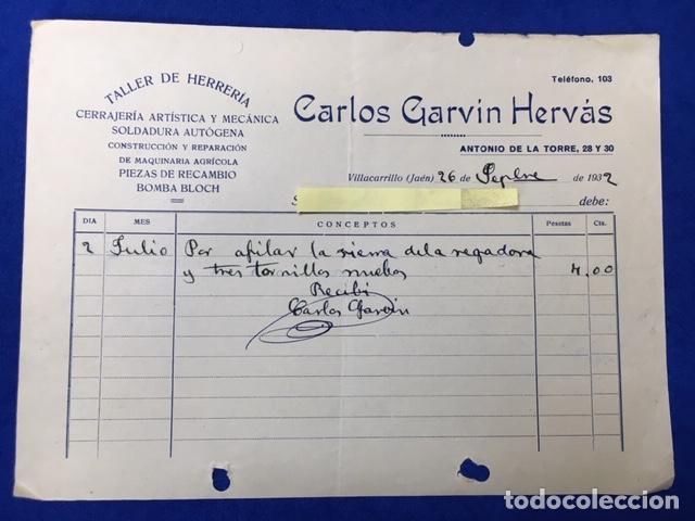 Cartas comerciais: 3 Antiguas Cartas comerciales Taller Herrer&iacute;a Garv&iacute;n Herv&aacute;s. Villacarrillo A&ntilde;os 30