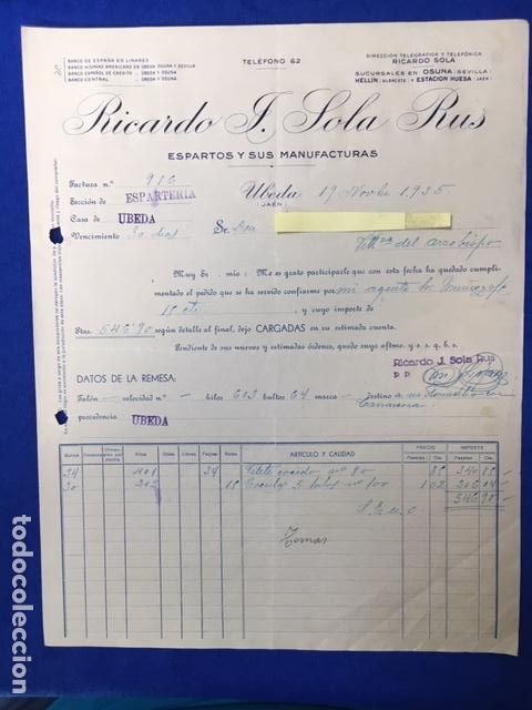 Cartas comerciais: 2 Antiguas Cartas comerciales Sola Rus: Espartos y sus manufacturas. &Uacute;beda ( Ja&eacute;n ) 1935