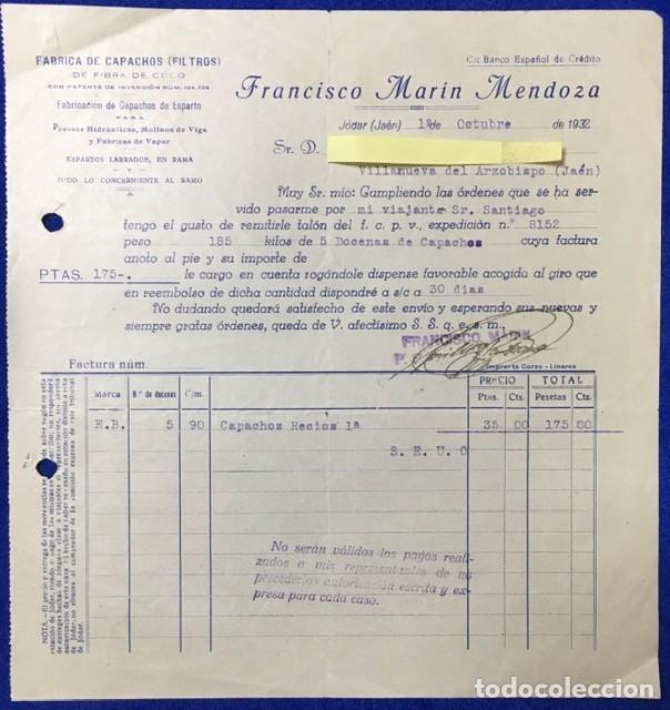 Cartas comerciais: Antigua Carta comercial F&aacute;brica Capachos Fibra Coco Mar&iacute;n Mendoza. J&oacute;dar ( Ja&eacute;n ) . A&ntilde;o 1932