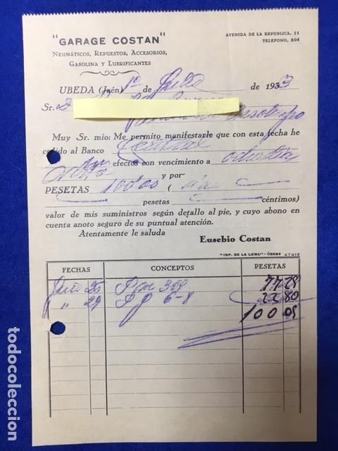Cartas comerciais: 2 Antiguas Cartas comerciales Garaje Costan: Neum&aacute;ticos, Repuestos... &Uacute;beda ( Ja&eacute;n ) 1933