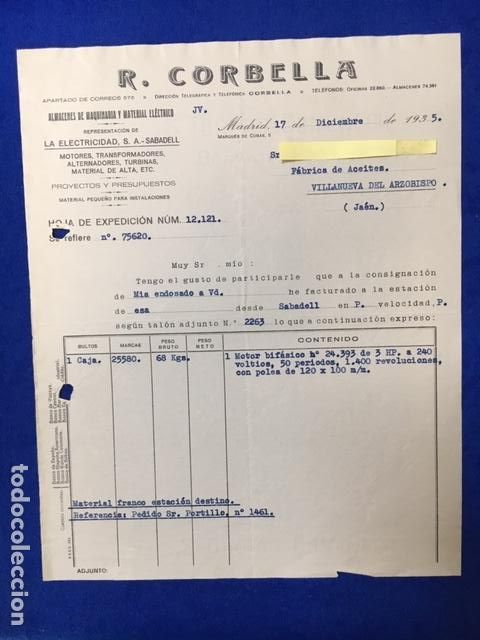 Cartas comerciais: Antigua Carta comercial Corbella : Maquinaria y material el&eacute;ctrico . Madrid 1935