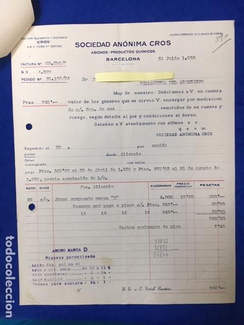 Cartas comerciais: Antigua Carta comercial Sociedad An&oacute;nima Cros : abonos y productos qu&iacute;micos. Barcelona 1935