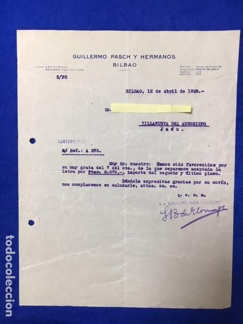 Cartas comerciais: Antigua Carta comercial Guillermo Pasch y Hnos. Bilbao A&ntilde;o 1928
