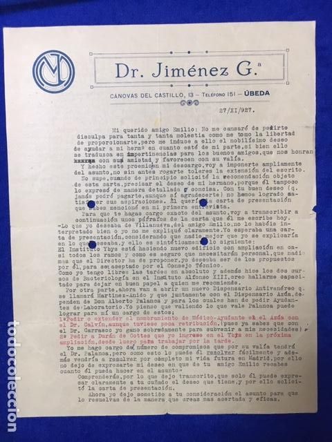 Cartas comerciais: Antigua Carta comercial Dr. Jim&eacute;nez . &Uacute;beda ( Ja&eacute;n ) A&ntilde;o 1927
