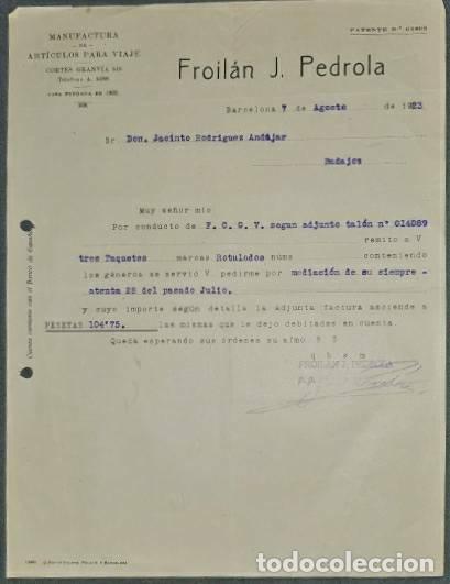 Lettere commerciali: Carta comercial. Froil&aacute;n J. Pedrola. Manufactura de art&iacute;culos para viaje. Barcelona. Espa&ntilde;a 1923