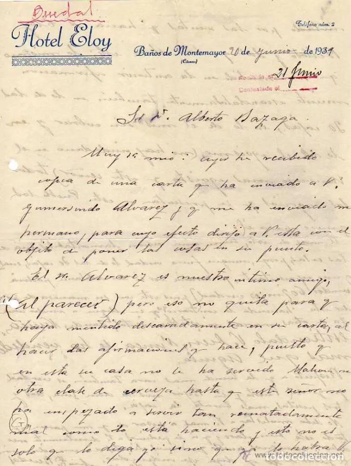 Lettres commerciales: Hotel Eloy 1931. Ba&ntilde;os de Montemayor. C&aacute;ceres