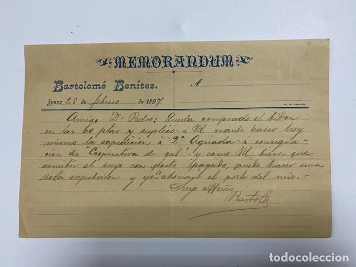 Lettere commerciali: MEMORANDUM. BARTOLOME BENITEZ. JEREZ, 1897. VER FOTOS