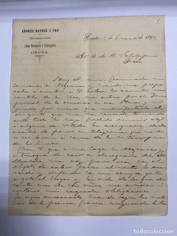 Lettere commerciali: CARTA COMERCIAL. CASAS NACIONALES Y EXTRANJERAS. CEUTA. PARA A.R. VALDESPINO. JEREZ, 1892. VER