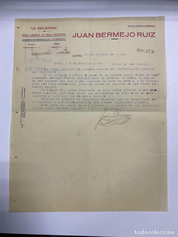Lettere commerciali: CARTA COMERCIAL. JUAN BERMEJO RUIZ. ZAFRA - SEVILLA, 1923. PARA A.R. VALDESPINO. JEREZ.
