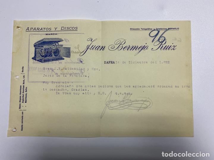 Lettere commerciali: CARTA COMERCIAL. JUAN BERMEJO RUIZ. ZAFRA-SEVILLA, 1922. PARA A.R. VALDESPINO, JEREZ. VER