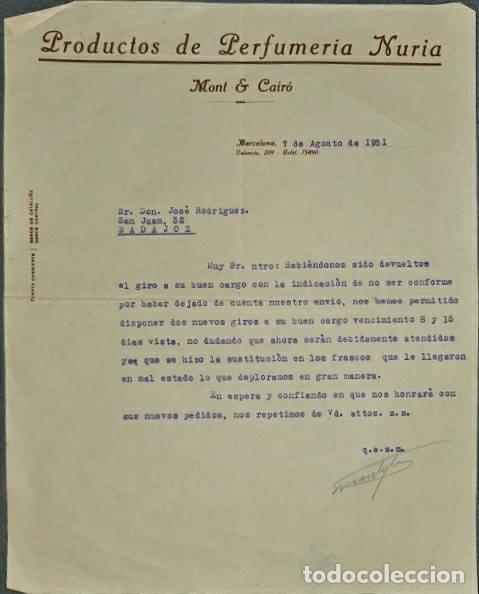Lettere commerciali: Carta comercial. Mont & Cair&oacute;. Productos de perfumer&iacute;a Nuria. Barcelona. Espa&ntilde;a 1931