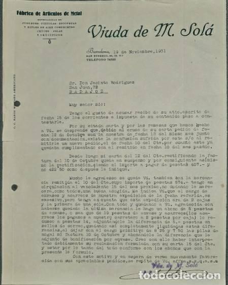 Lettere commerciali: Carta comercial. Viuda de M. Sol&aacute;. F&aacute;brica de art&iacute;culos de metal. Barcelona. Espa&ntilde;a 1931