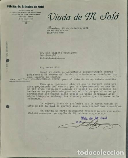 Lettere commerciali: Carta comercial. Viuda de M. Sol&aacute;. F&aacute;brica de art&iacute;culos de metal. Barcelona. Espa&ntilde;a 1931