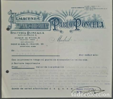 Lettere commerciali: Carta comercial. Pablo Poncela. La Bohemia. Bisuter&iacute;a-Quincalla. Madrid 1931