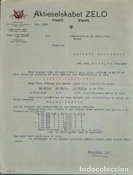 Lettere commerciali: carta comercial. Aktieselskabet ZELO. Import-Export. Kobenhavn. Dinamarca 1913
