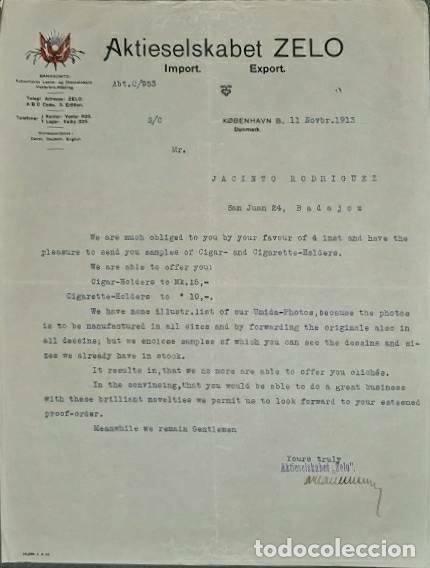 Lettere commerciali: carta comercial. Aktieselskabet ZELO. Import-Export. Kobenhavn. Dinamarca 1913