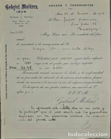 Lettere commerciali: Carta comercial. Gabriel Mol&eacute;res. Aduana y Transportes. Ir&uacute;n. Espa&ntilde;a 1913