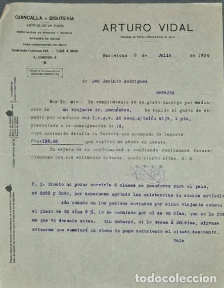 Lettere commerciali: Carta comercial. Arturo Vidal. Quincalla y Bisuter&iacute;a. Barcelona. Espa&ntilde;a 1924
