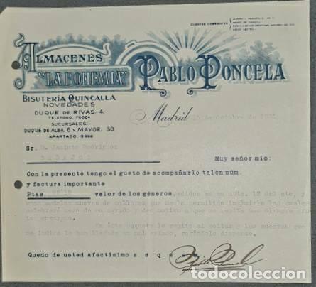 Lettere commerciali: Carta comercial. Pablo Poncela. La Bohemia. Bisuter&iacute;a-Quincalla. Madrid 1931