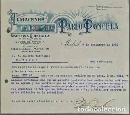 Lettere commerciali: Carta comercial. Pablo Poncela. La Bohemia. Bisuter&iacute;a-Quincalla. Madrid 1931