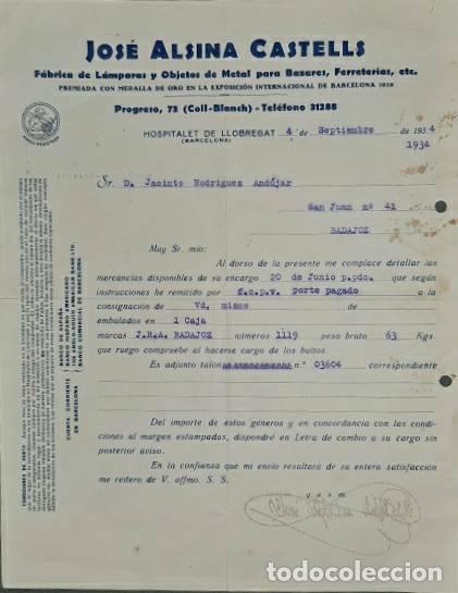 Lettere commerciali: Carta comercial. Jos&eacute; Alsina Castells. F&aacute;brica de l&aacute;maras y objetos de metal. Barcelona. Espa&ntilde;a 1934
