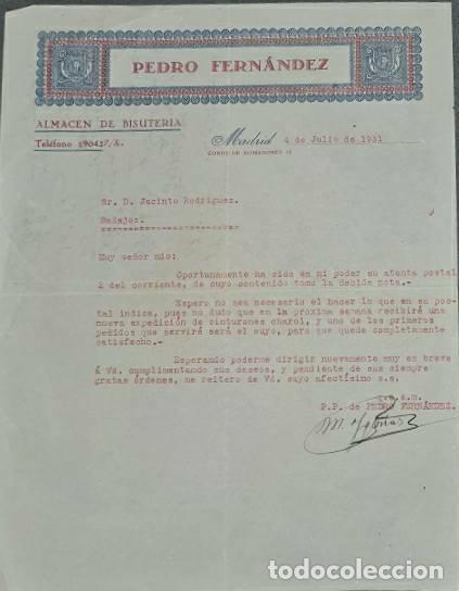 Lettere commerciali: Carta comercial. Pedro Fern&aacute;ndez. Almac&eacute;n de bisuter&iacute;a. Madrid. Espa&ntilde;a 1931
