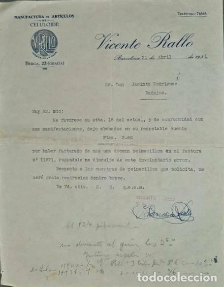 Lettere commerciali: Carta comercial. Vicente Rallo. Manufactura de art&iacute;culos de celuloide. Barcelona. Espa&ntilde;a 1931