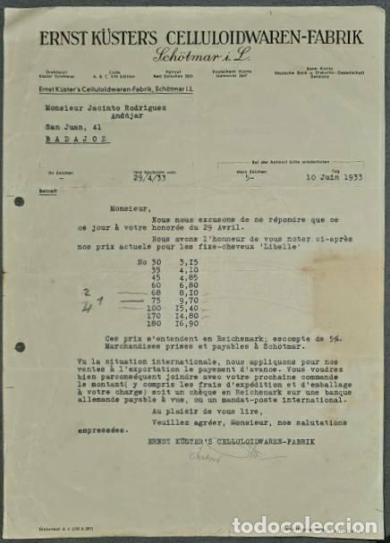 Lettere commerciali: Carta comercial. Ernst K&uuml;ster&acute;s Celluloidwaren-Fabrik. Sch&ouml;tmar. Alemania 1933