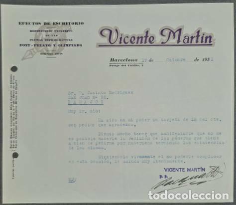 Lettere commerciali: Carta comercial. Vicente Mart&iacute;n. Efectos de escritorio. Barcelona. Espa&ntilde;a 1931