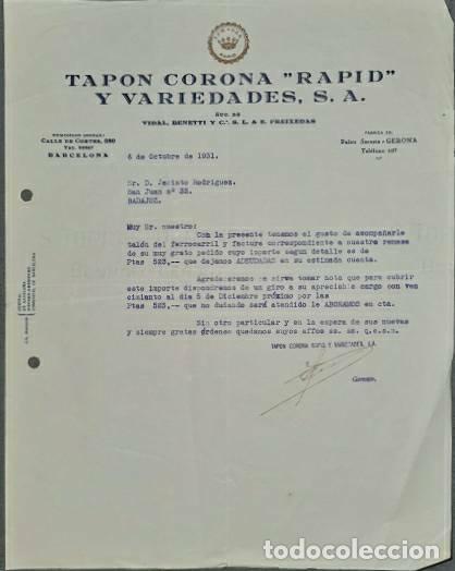 Lettere commerciali: Carta comercial. Tap&oacute;n Corona &rdquo;Rapid&rdquo; y Variedades S.A. Barcelona. Espa&ntilde;a 1931