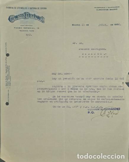 Lettere commerciali: Carta comercial. Clemente Fernandez. F&aacute;brica de utensilios y bater&iacute;a cocina. Madrid. Espa&ntilde;a 1930