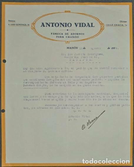 Lettere commerciali: Carta comercial. Antonio Vidal. F&aacute;brica de adornos para calzados. Mah&oacute;n. Espa&ntilde;a 1934