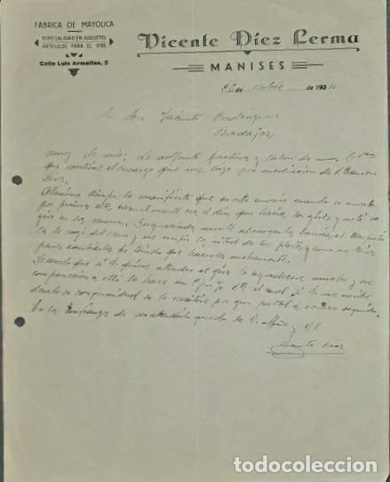 Lettere commerciali: Carta comercial. Vicente D&iacute;ez Lerma. F&aacute;brica de May&oacute;lica. Valencia. Espa&ntilde;a 1934