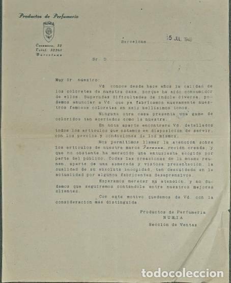 Lettere commerciali: Carta comercial. Productos de perfumer&iacute;a Nuria. Barcelona. Espa&ntilde;a 1940