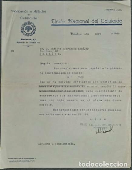 Lettere commerciali: Carta comercial. Uni&oacute;n Nacional del Celuloide.Fabricaci&oacute;n art&iacute;culos celuloide.Barcelona.Espa&ntilde;a 1929