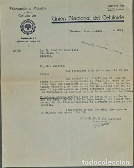 Lettere commerciali: Carta comercial. Uni&oacute;n Nacional del Celuloide.Fabricaci&oacute;n art&iacute;culos celuloide.Barcelona.Espa&ntilde;a 1929
