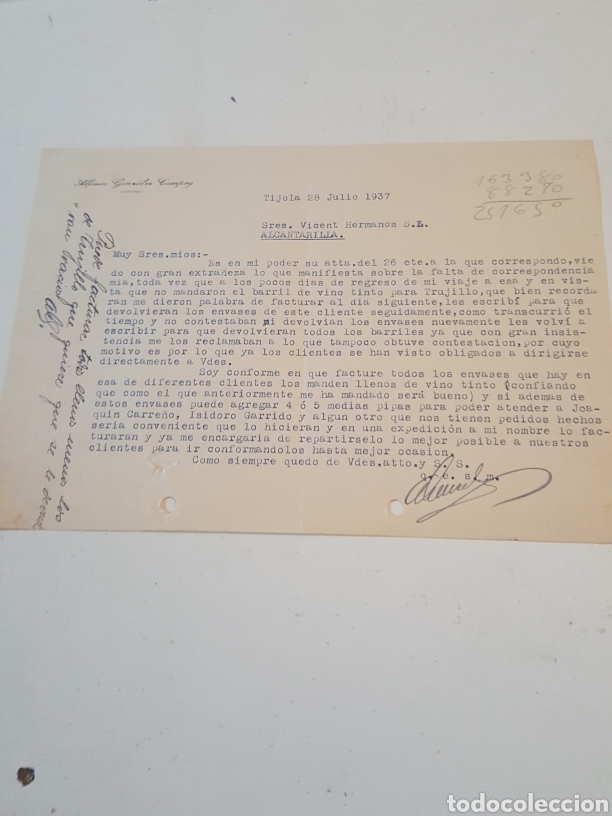 Lettere commerciali: Carta manuscrita pedido de vino Alfonso Gonzalez campoy Tijola a&ntilde;o 1937