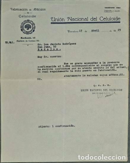 Lettere commerciali: Carta comercial. Uni&oacute;n Nacional del Celuloide.Fabricaci&oacute;n art&iacute;culos celuloide.Barcelona.Espa&ntilde;a 1929