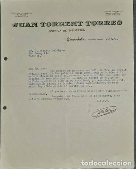 Lettere commerciali: Carta comercial. Juan Torrent Torres. F&aacute;brica de bisuter&iacute;a. Ciudadela. Espa&ntilde;a 1934