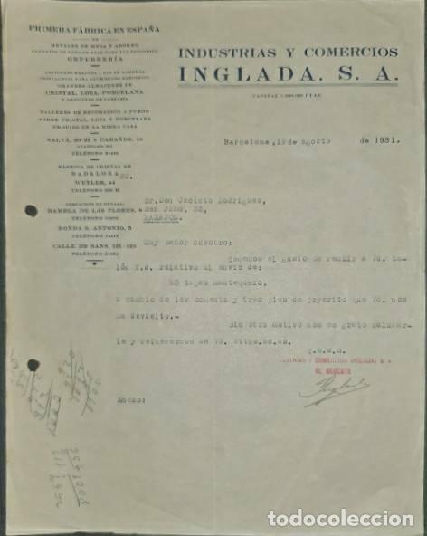 Lettere commerciali: Carta comercial. Industrias y Comercios Inglada S.A. Orfebrer&iacute;a. Barcelona. Espa&ntilde;a 1931
