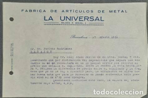 Lettere commerciali: Carta comercial. La Universal. F&aacute;brica de art&iacute;culos de metal. Barcelona. Espa&ntilde;a 1931
